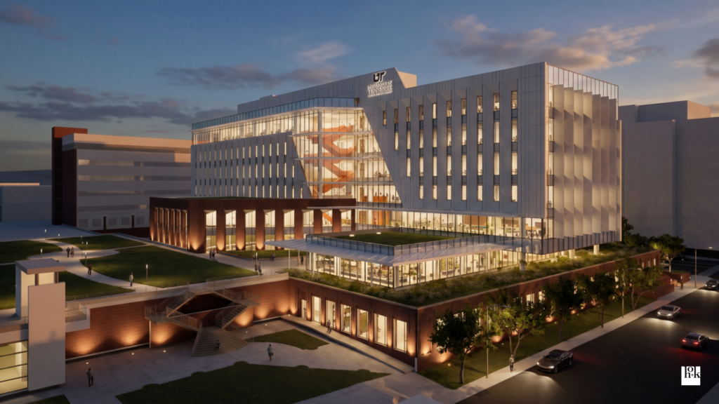 A rendering of a view of the College of Medicine Interdisciplinary Building from the south at dusk.